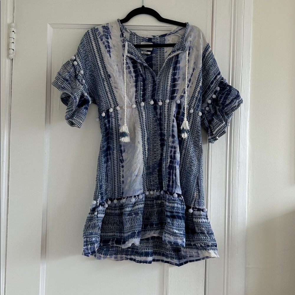 SAYLOR Blue and White Striped Dress with Pom Poms